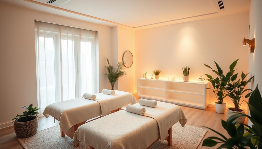 A serene and pristine massage studio, bathed in soft, warm lighting that creates an atmosphere of tranquility. Plush, hygienic massage tables are meticulously arranged, surrounded by calming, neutral-toned decor and plants that exude a sense of rejuvenation. The room is spacious, with ample natural light filtering in through large windows, imparting a sense of openness and airiness. Subtle scents of essential oils fill the air, complementing the soothing ambiance. Everything is designed to prioritize the well-being and comfort of the clients, making this a truly inviting and restorative massage environment.