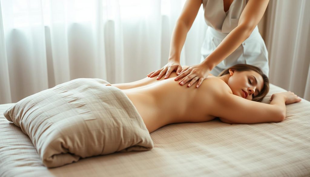 A serene and tranquil bedroom setting, showcasing a woman comfortably reclining on a plush, neutral-toned bed, her eyes closed in a state of relaxation. Soft, diffused lighting filters through sheer curtains, creating a calming, spa-like atmosphere. The woman's hands rest gently on her abdomen, as a skilled masseuse's hands glide along her back, performing the soothing, rhythmic strokes of the Swedish massage technique. The scene exudes a sense of wellness, self-care, and the rejuvenating power of this holistic, therapeutic practice within the comfort of one's own home.