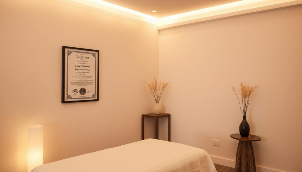 A serene and tranquil massage studio nestled in the heart of Istanbul, with soft, diffused lighting casting a warm glow over the minimalist decor. The focus is on the certificate of authenticity, prominently displayed on the wall, signaling the professionalism and expertise of the masseuses. The space exudes a sense of relaxation and rejuvenation, inviting the viewer to imagine the soothing touch of skilled hands and the restorative experience of a boutique massage.