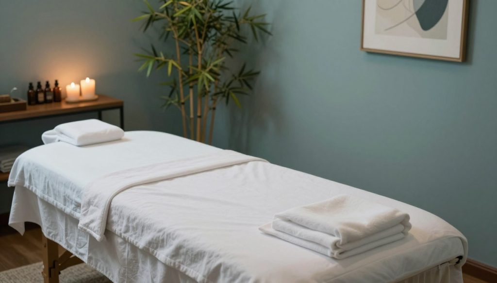 A serene and tranquil massage therapy room designed for men, featuring a professional feel with calming colors like soft blues and greens. In the foreground, a neatly arranged massage table with plush, clean linens. There are aromatic candles and essential oil bottles on a wooden shelf in the background, adding to the atmosphere of relaxation. The room is lit by soft, warm lighting, creating a peaceful ambiance. In one corner, a bamboo plant adds a touch of nature, while a framed abstract art piece hangs on the wall, enhancing the overall aesthetic. The angle of the shot is slightly from above, capturing the soothing environment without any human presence, ensuring a focus on the calming space itself. A serene and tranquil massage therapy room designed for men, featuring a professional feel with calming colors like soft blues and greens. In the foreground, a neatly arranged massage table with plush, clean linens. There are aromatic candles and essential oil bottles on a wooden shelf in the background, adding to the atmosphere of relaxation. The room is lit by soft, warm lighting, creating a peaceful ambiance. In one corner, a bamboo plant adds a touch of nature, while a framed abstract art piece hangs on the wall, enhancing the overall aesthetic. The angle of the shot is slightly from above, capturing the soothing environment without any human presence, ensuring a focus on the calming space itself.