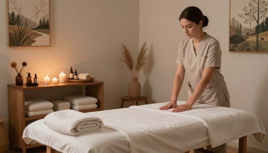A serene and tranquil massage therapy room, showcasing an inviting atmosphere for relaxation and healing. In the foreground, a neatly arranged massage table with soft, clean linens, surrounded by calming essential oils and candles that emit a warm glow. In the middle ground, a well-organized shelf displaying various massage tools and products, emphasizing professionalism and expertise. The background features soothing nature-themed artwork on the walls, with soft, diffused lighting creating a peaceful ambiance. An overall sense of calm and professionalism permeates the scene, suggesting an ideal environment for expert massage therapy. The color palette consists of soft, earthy tones to enhance tranquility, evoking a sense of trust in the therapist’s skills while ensuring a welcoming ambiance without any human figures present.