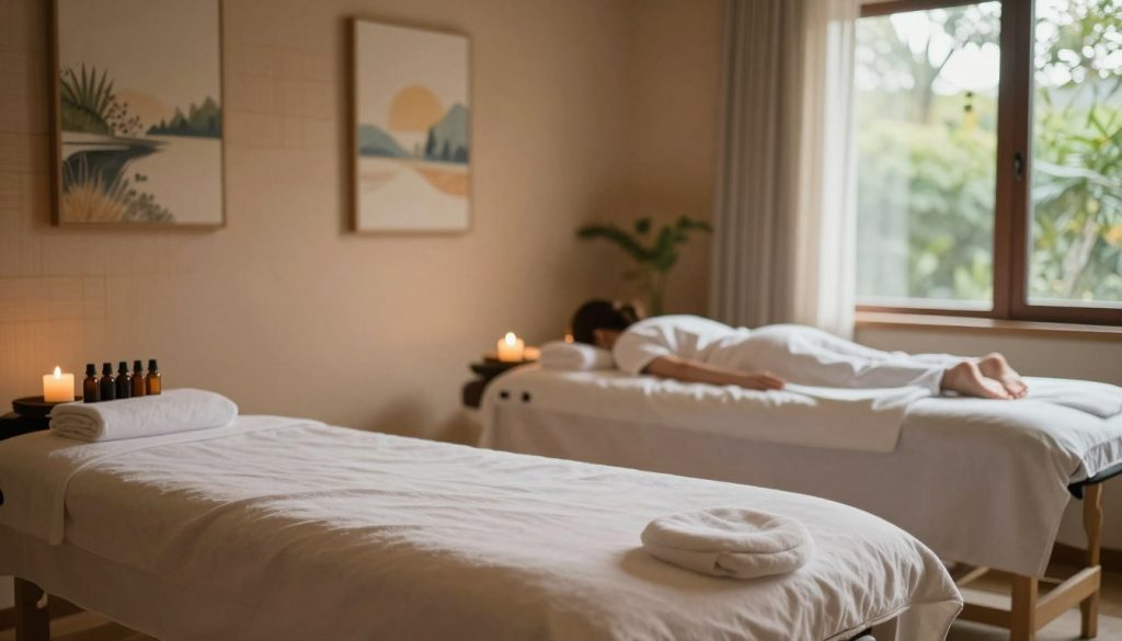 A serene and tranquil massage therapy room showcasing various relaxation methods. In the foreground, a plush massage table draped with soft, light-colored linens. On the nearby table, an array of essential oils and candles, softly lit, creating a calming atmosphere. In the middle ground, a wall adorned with natural textures, like bamboo and soothing earth tones, with calming artwork depicting nature scenes. The background features large windows allowing natural sunlight to stream in, enhancing the peaceful vibe, with gentle greenery visible outside. The overall lighting is soft and warm, evoking a sense of calm and relaxation, suitable for daily stress relief practices. Emphasize a mood of tranquility and comfort, perfect for illustrating the effects of massage therapy in everyday life.