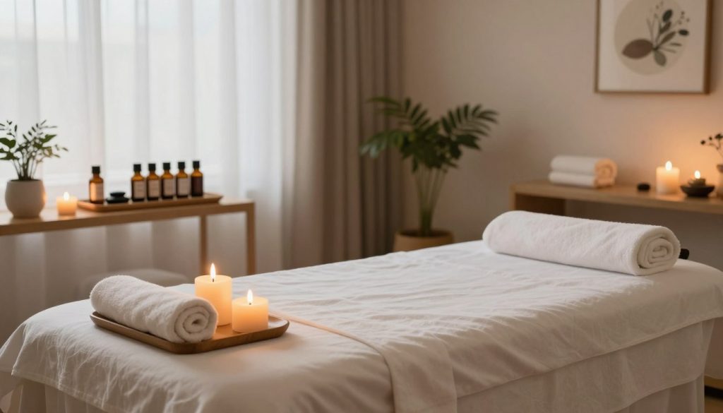 A serene and tranquil massage therapy setting, showcasing a beautifully arranged massage room. In the foreground, a massage table adorned with soft, clean linens and aromatic candles flickering gently, creating a warm ambiance. In the middle, essential oils displayed artistically on a wooden shelf, alongside soothing elements like smooth stones and a fluffy towel. The background features soft, diffused lighting filtering through sheer curtains, giving a sense of calm. Decor elements include potted plants and calming artwork on the walls, enhancing relaxation. The atmosphere embodies peace and readiness for a rejuvenating massage experience, emphasizing the preparation tips for before and after a session.