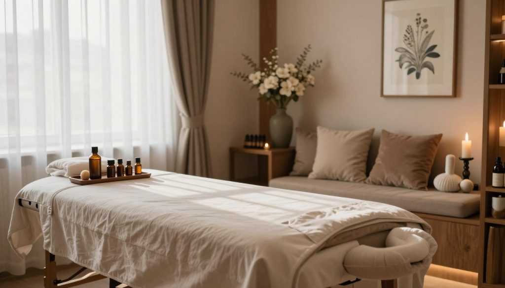 A serene and tranquil massage therapy studio in Istanbul. The foreground features a neatly arranged massage table with soft, neutral-toned linens, surrounded by calming essential oils and well-organized massage tools. In the middle, a beautifully decorated space with warm wooden accents and plush cushions creates an inviting atmosphere, illuminated by soft, natural light streaming in through a large window adorned with sheer curtains. In the background, a delicate floral arrangement and soothing artwork on the walls enhance the peaceful vibe. The overall ambiance conveys relaxation and sophistication, making it a perfect representation of high-end VIP massage services. The scene is devoid of any human figures, focusing solely on the inviting environment.