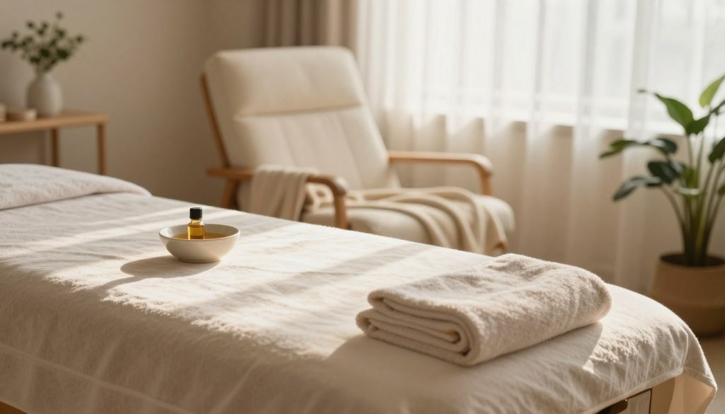 A serene and tranquil scene depicting post-massage care and recovery. In the foreground, an inviting massage table with a soft, plush cover lies in a calming, softly lit room. A bowl of soothing essential oils and towels are neatly arranged beside it. In the middle ground, a comfortable lounge chair with a cozy blanket drapes over it, suggesting relaxation and comfort. The background features natural elements like potted plants and gentle sunlight filtering through sheer curtains, creating a warm and peaceful atmosphere. The lighting is soft and diffused, evoking a sense of calm and healing, perfect for illustrating the essence of recovery after a massage.