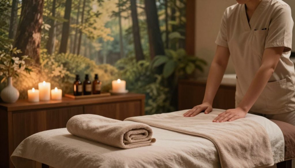 A serene and tranquil spa environment depicting a professional setting for stress management massage specifically designed for busy professionals. In the foreground, a beautifully arranged massage table dressed in soft, neutral tones with plush towels neatly folded. The middle ground features soothing elements like aromatic candles and essential oil bottles placed on a wooden shelf, along with soft, ambient lighting that bathes the scene in a warm glow. The background showcases a calming nature mural depicting a peaceful forest, creating an atmosphere of relaxation and tranquility. The overall mood is serene and inviting, inviting the viewer to imagine a moment of peace and rejuvenation. Soft shadows enhance the peaceful ambiance, creating a harmonious space for stress relief and wellness. A serene and tranquil spa environment depicting a professional setting for stress management massage specifically designed for busy professionals. In the foreground, a beautifully arranged massage table dressed in soft, neutral tones with plush towels neatly folded. The middle ground features soothing elements like aromatic candles and essential oil bottles placed on a wooden shelf, along with soft, ambient lighting that bathes the scene in a warm glow. The background showcases a calming nature mural depicting a peaceful forest, creating an atmosphere of relaxation and tranquility. The overall mood is serene and inviting, inviting the viewer to imagine a moment of peace and rejuvenation. Soft shadows enhance the peaceful ambiance, creating a harmonious space for stress relief and wellness.