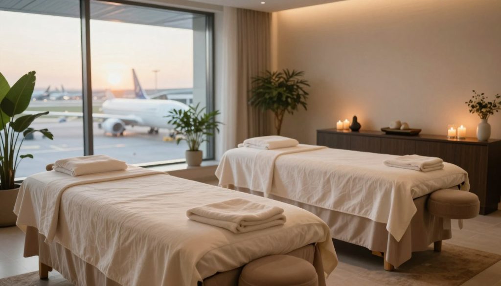 A serene and tranquil spa environment located near Istanbul Airport, featuring a calming massage room. In the foreground, luxurious massage tables with soft, inviting linens set up in a pleasant arrangement. The middle ground showcases tasteful, minimalistic decor with soothing colors, including plants and decorative candles that exude a sense of relaxation. Large windows in the background let in warm, natural light, enhancing the peaceful atmosphere. A hint of an airport view outside, conveying proximity to the bustling travel hub, emphasizes the convenience of these services. The overall mood is soothing and inviting, designed to evoke a sense of relaxation and escape for travelers seeking comfort before or after their flights.