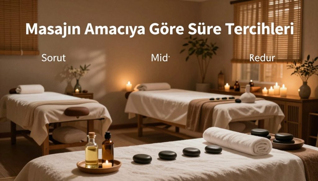 A serene and tranquil spa environment showcasing a variety of massage settings to illustrate "Masajın Amacına Göre Süre Tercihleri." In the foreground, display a beautifully arranged table with comfortable massage oils and stones, conveying relaxation. The middle layer features elegant massage rooms, each style differentiated by duration; a short session area with minimalist decor, a mid-length setting with soothing ambient lighting, and an extensive room adorned with candles and soft fabrics for longer sessions. In the background, soft lighting filters through bamboo blinds, casting gentle shadows across the scene. The overall atmosphere should evoke calmness and clarity, showcasing the natural elements and the importance of time in treatment without any human characters.