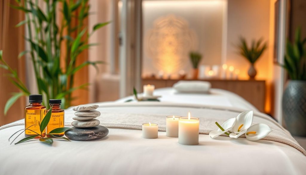 A serene and tranquil spa environment that embodies the essence of healing touch in Istanbul. In the foreground, display elegantly arranged aromatherapy oils, soft, natural stones, and a beautifully crafted massage table adorned with crisp, white linens. The middle section features calming greenery, such as bamboo and peace lilies, and delicate candles emitting a warm glow. In the background, a soft-focus view of an inviting, warmly lit room with subtle Turkish design elements like intricate patterns or textiles, enhancing the atmosphere of relaxation. Soft, diffused lighting that creates a peaceful ambiance, reminiscent of a luxurious spa experience. The overall mood should evoke a sense of serenity and comfort, inviting viewers to explore the world of boutique massage and holistic healing. A serene and tranquil spa environment that embodies the essence of healing touch in Istanbul. In the foreground, display elegantly arranged aromatherapy oils, soft, natural stones, and a beautifully crafted massage table adorned with crisp, white linens. The middle section features calming greenery, such as bamboo and peace lilies, and delicate candles emitting a warm glow. In the background, a soft-focus view of an inviting, warmly lit room with subtle Turkish design elements like intricate patterns or textiles, enhancing the atmosphere of relaxation. Soft, diffused lighting that creates a peaceful ambiance, reminiscent of a luxurious spa experience. The overall mood should evoke a sense of serenity and comfort, inviting viewers to explore the world of boutique massage and holistic healing.
