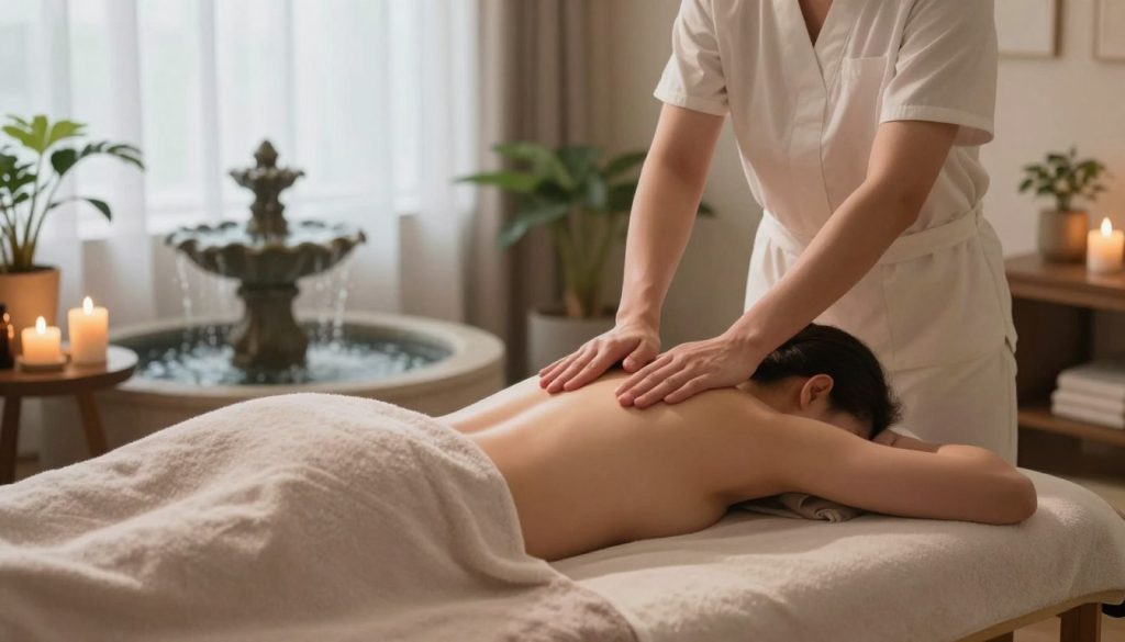 A serene and tranquil spa setting, designed to illustrate the effects of a massage and the importance of relaxation afterward. In the foreground, a plush massage table is warmly lit, adorned with soft towels and aromatic essential oils, emphasizing comfort and serenity. The middle ground features calming elements like a gently bubbling water fountain, potted plants, and softly glowing candles providing a peaceful ambiance. In the background, soft natural light filters through sheer curtains, creating a soothing atmosphere. The overall mood conveys relaxation and rejuvenation, inviting viewers to imagine the sensations of post-massage tranquility. The color palette includes soft pastels and earthy tones, enhancing the calming effect.