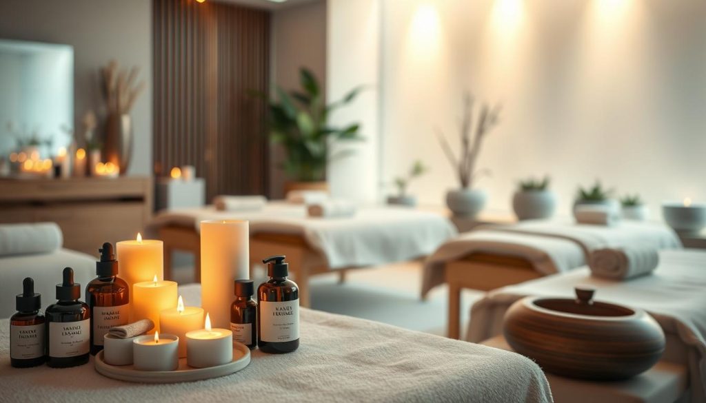 A serene and tranquil spa setting, with various massage options displayed elegantly. A soft, diffused lighting illuminates the scene, creating a calming atmosphere. In the foreground, a collection of massage oils, candles, and aromatherapy elements are neatly arranged, hinting at the relaxing experience to come. The middle ground features several massage tables, draped in luxurious fabrics, inviting the viewer to imagine the soothing touch of skilled therapists. In the background, a soothing water feature or potted plants add to the sense of natural, wellness-focused ambiance. The overall composition conveys the high-quality, indulgent nature of the spa's massage services. A serene and tranquil spa setting, with various massage options displayed elegantly. A soft, diffused lighting illuminates the scene, creating a calming atmosphere. In the foreground, a collection of massage oils, candles, and aromatherapy elements are neatly arranged, hinting at the relaxing experience to come. The middle ground features several massage tables, draped in luxurious fabrics, inviting the viewer to imagine the soothing touch of skilled therapists. In the background, a soothing water feature or potted plants add to the sense of natural, wellness-focused ambiance. The overall composition conveys the high-quality, indulgent nature of the spa's massage services.
