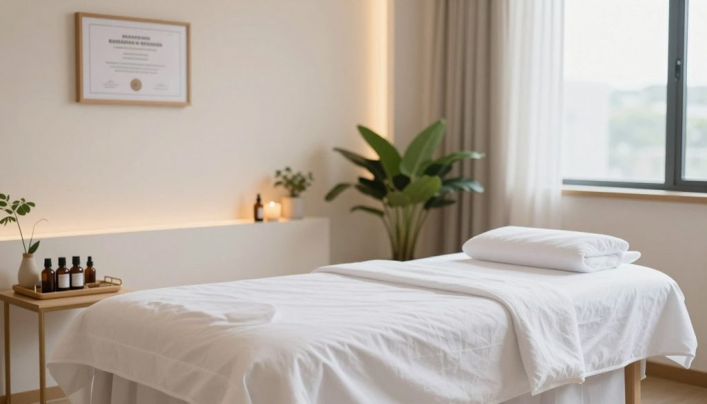 A serene, clean massage setup showcasing the essentials of hygiene and safety standards. In the foreground, a neatly arranged massage table with a soft, white, sterile sheet, positioned beside a small table displaying essential oil bottles and a towel rack. In the middle, a well-organized room with glowing soft lighting that casts a warm ambiance, complemented by calming green plants. In the background, a minimalist wall featuring a certificate of hygiene standards framed elegantly, and a large window letting in gentle natural light, providing a sense of tranquility. Overall, the mood is peaceful, professional, and inviting, reflecting a dedication to safe and hygienic massage practices.