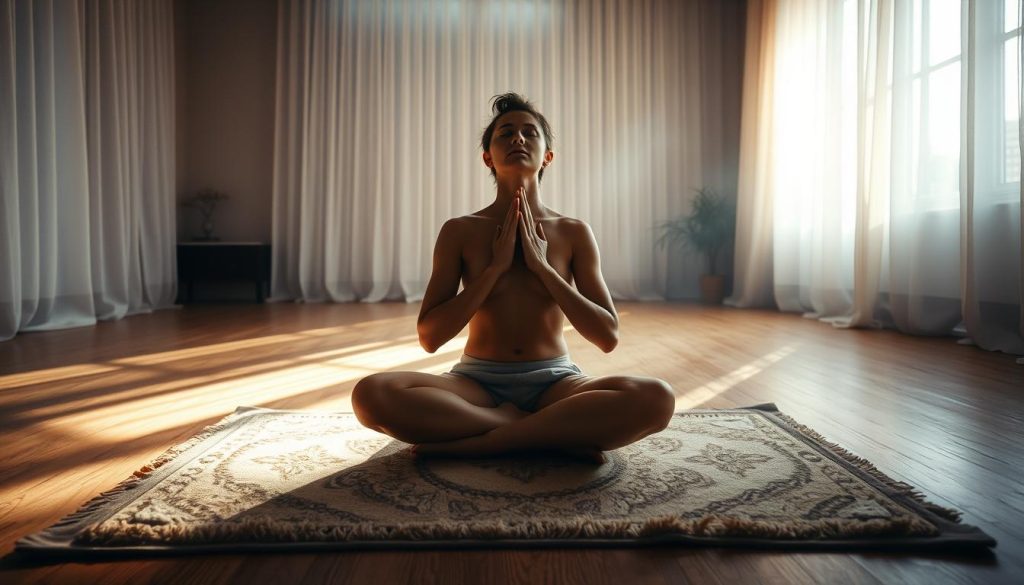 A serene, dimly lit room filled with soft, natural light filtering through sheer curtains. In the center, a person sits cross-legged on a plush, patterned mat, palms resting gently on their knees. They are engaged in a deep, meditative breathing exercise, exhaling slowly and deliberately, their chest rising and falling in a calming rhythm. The atmosphere is one of tranquility and inner peace, with the subtle scent of incense lingering in the air. The camera captures this moment from a low, slightly elevated angle, emphasizing the sense of focus and stillness. A serene, dimly lit room filled with soft, natural light filtering through sheer curtains. In the center, a person sits cross-legged on a plush, patterned mat, palms resting gently on their knees. They are engaged in a deep, meditative breathing exercise, exhaling slowly and deliberately, their chest rising and falling in a calming rhythm. The atmosphere is one of tranquility and inner peace, with the subtle scent of incense lingering in the air. The camera captures this moment from a low, slightly elevated angle, emphasizing the sense of focus and stillness.