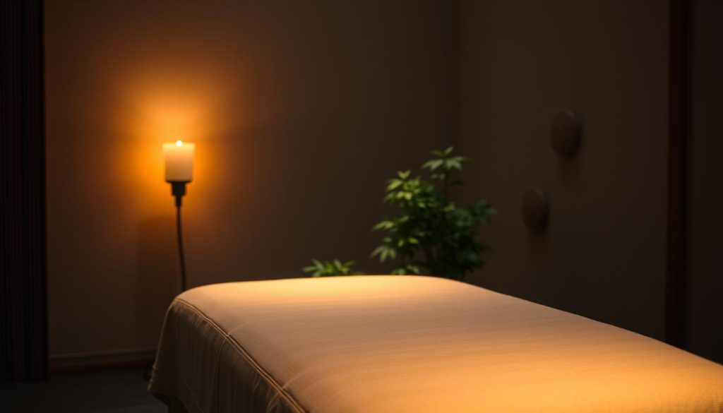 A serene, dimly lit room with a tranquil atmosphere. In the foreground, a massage table draped in soft, linen fabric, inviting the viewer to imagine the calming Shiatsu massage experience. Soft, warm lighting casts a soothing glow, creating an immersive and relaxing ambiance. In the middle ground, delicate bamboo stalks and lush, verdant plants add a touch of natural serenity, hinting at the holistic, Eastern-inspired approach of Shiatsu. The background features a minimalist, zen-inspired aesthetic with clean lines and subtle textures, emphasizing the focus on mindfulness and balance. The overall composition evokes a sense of deep relaxation, inviting the viewer to envision the restorative benefits of the Shiatsu massage technique.