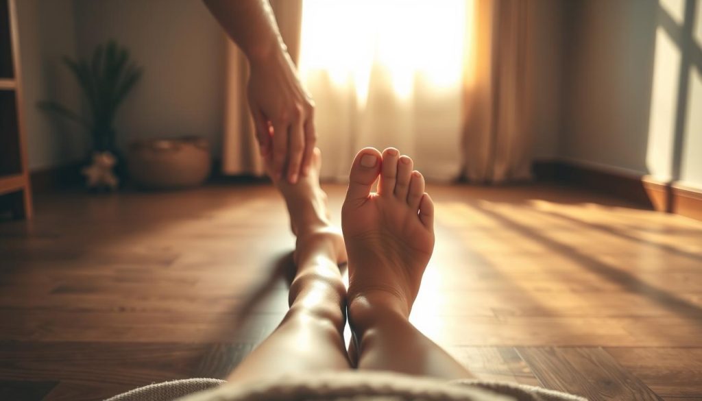A serene, dimly lit room with a wooden floor and soothing natural tones. In the center, a person's feet are being gently massaged by skilled hands, highlighting the art of reflexology. The lighting is soft and warm, creating a calming atmosphere. The perspective is from slightly above, capturing the tranquil scene of the foot massage in progress. The focus is on the hands and feet, with the background blurred to emphasize the intimate, therapeutic moment. The image conveys a sense of balance, relaxation, and improved circulation.