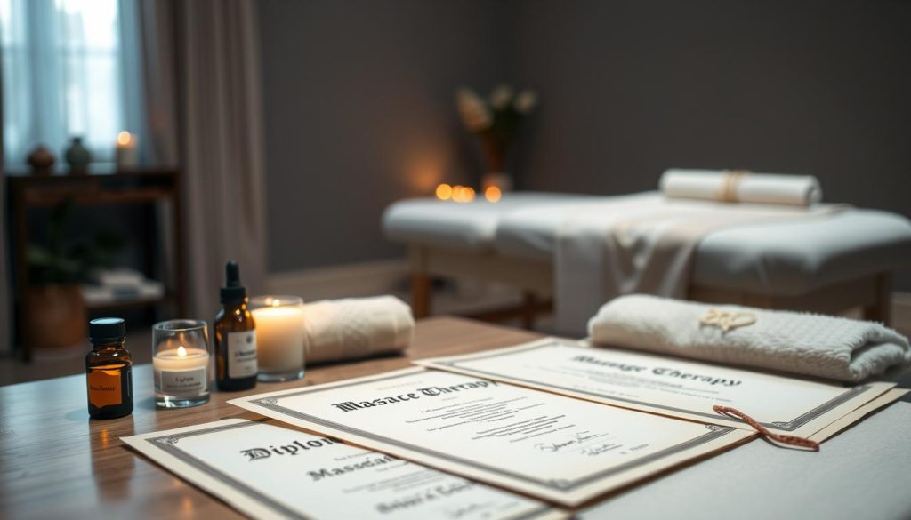 A serene, dimly lit room with soft lighting and a calming, meditative atmosphere. On a table in the foreground, a set of massage therapy certificates and diplomas are neatly arranged, their edges slightly worn, conveying a sense of expertise and experience. The certificates are positioned alongside essential oils, scented candles, and a plush towel, creating a soothing and professional ambiance. In the middle ground, a massage table is visible, its clean, crisp linens inviting the viewer to imagine the rejuvenating experience of a massage therapy session. The background is blurred, allowing the viewer to focus on the essential elements of the massage therapy practice. A serene, dimly lit room with soft lighting and a calming, meditative atmosphere. On a table in the foreground, a set of massage therapy certificates and diplomas are neatly arranged, their edges slightly worn, conveying a sense of expertise and experience. The certificates are positioned alongside essential oils, scented candles, and a plush towel, creating a soothing and professional ambiance. In the middle ground, a massage table is visible, its clean, crisp linens inviting the viewer to imagine the rejuvenating experience of a massage therapy session. The background is blurred, allowing the viewer to focus on the essential elements of the massage therapy practice.