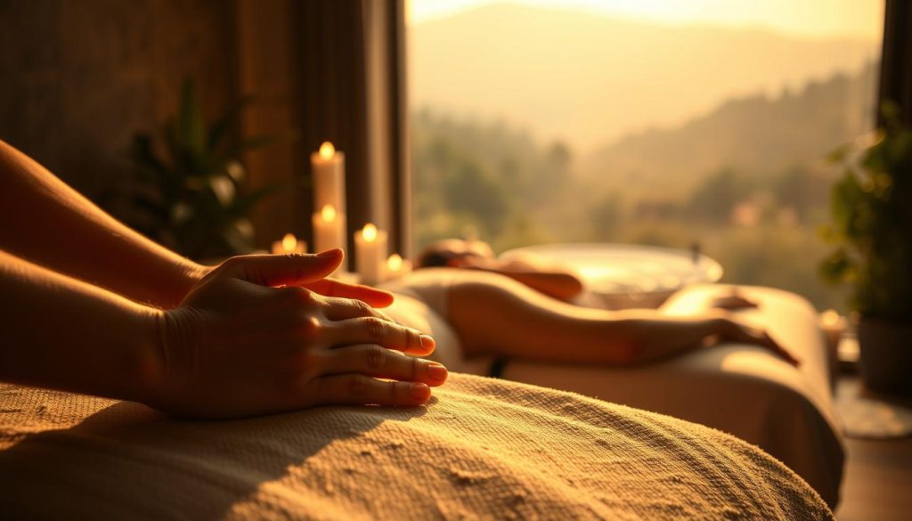 A serene, dimly lit spa-like setting, showcasing the tranquil effects of massage on the human body. The foreground features a close-up of hands gently kneading and manipulating soft, glowing skin, using soothing, long strokes. The middle ground reveals a person resting on a plush massage table, their face peaceful and relaxed, surrounded by calming aromatherapy candles and lush greenery. The background is a hazy, soft-focus landscape, evoking a sense of escape and renewal. Warm, golden lighting filters through the scene, creating a dreamlike, restorative atmosphere that captures the rejuvenating power of massage.