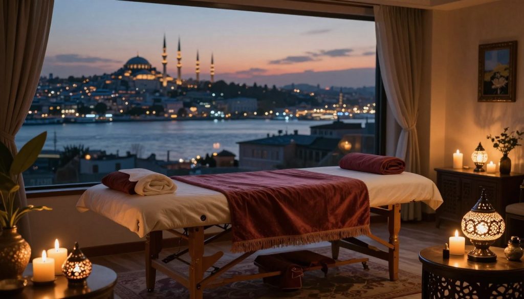 A serene evening scene in Istanbul, showcasing a luxurious massage service environment. In the foreground, an elegantly arranged massage room adorned with soft candles and intricate Turkish lamps, casting warm, inviting light. In the middle, a plush massage table draped with rich fabrics, surrounded by aromatic essential oils and a peaceful ambiance. The background features a panoramic view of Istanbul's iconic skyline at dusk, with silhouettes of historic mosques and the Bosphorus shimmering under the twilight. The atmosphere is tranquil and soothing, perfect for relaxation and rejuvenation, embodying the essence of an evening massage experience in the bustling city. The image captures the beauty and allure of Istanbul at night, emphasizing opportunities for self-care and wellness.
