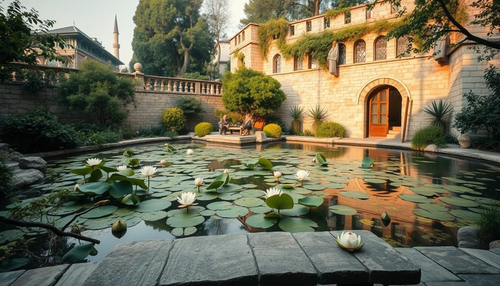 A serene garden oasis amidst the bustling streets of Istanbul, featuring a tranquil pond with floating lotus blossoms. Warm, diffused lighting casts a calming glow, illuminating lush greenery and ancient stone walls that shield from the city's chaos. In the foreground, a stone meditation bench overlooks the idyllic scene, inviting visitors to pause, breathe deeply, and find respite from the urban din. The composition utilizes a wide, cinematic aspect ratio to enhance the sense of peaceful seclusion. Soft, muted colors and a dreamlike, ethereal atmosphere evoke a soothing, restorative mood.