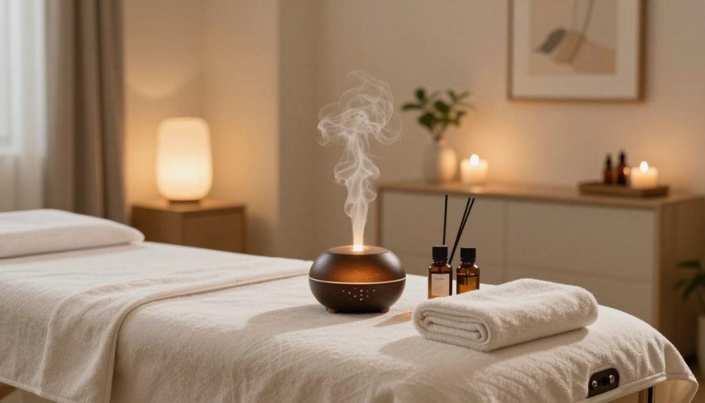 A serene home massage setting emphasizing comfort and hygiene. In the foreground, a plush massage table draped with clean, soft towels. A calming essential oil diffuser emits a gentle mist, surrounded by a few neatly arranged aromatherapy bottles. The middle ground features an elegantly designed, minimalistic room with warm, inviting colors. Soft lighting from strategically placed lamps casts a relaxing glow, creating a tranquil atmosphere. In the background, a tidy, well-organized space with plants and calming artwork enhances the feeling of safety and relaxation. Overall, the image conveys a sense of opulence and care, reflecting the perfect blend of comfort and hygiene in at-home massage services.