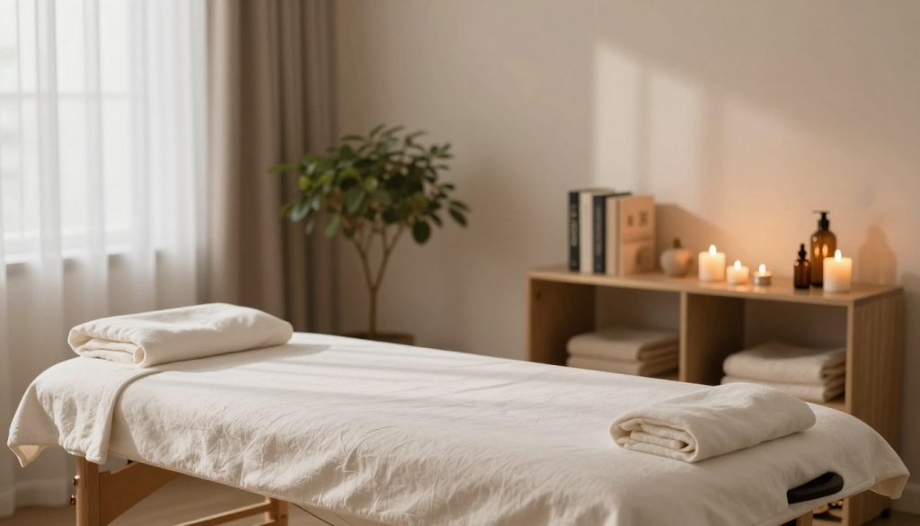 A serene home massage setting, featuring a cozy room with soft lighting and calming colors. In the foreground, a plush massage table adorned with fresh linens and aromatic oils creates an inviting atmosphere. The middle ground showcases a tranquil ambiance with candles gently flickering and potted plants adding a touch of nature. In the background, a simple bookshelf holds wellness books and decorative items, emphasizing relaxation and self-care. The overall mood is peaceful and rejuvenating, with light streaming through sheer curtains, casting gentle shadows in the room. The scene evokes a sense of luxury and comfort, ideal for illustrating the benefits of at-home massage therapy services. A serene home massage setting, featuring a cozy room with soft lighting and calming colors. In the foreground, a plush massage table adorned with fresh linens and aromatic oils creates an inviting atmosphere. The middle ground showcases a tranquil ambiance with candles gently flickering and potted plants adding a touch of nature. In the background, a simple bookshelf holds wellness books and decorative items, emphasizing relaxation and self-care. The overall mood is peaceful and rejuvenating, with light streaming through sheer curtains, casting gentle shadows in the room. The scene evokes a sense of luxury and comfort, ideal for illustrating the benefits of at-home massage therapy services.