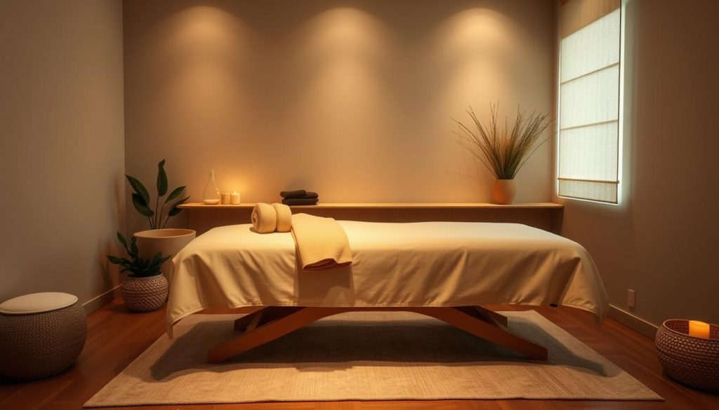 A serene, inviting massage room with soft, ambient lighting and soothing, natural textures. Plush, high-quality linens draped over a well-padded massage table, set against a backdrop of calming, earthy tones. Subtle hints of greenery and natural elements create a tranquil, rejuvenating atmosphere. The scene evokes a sense of absolute relaxation and renewal, perfect for the ultimate massage experience.