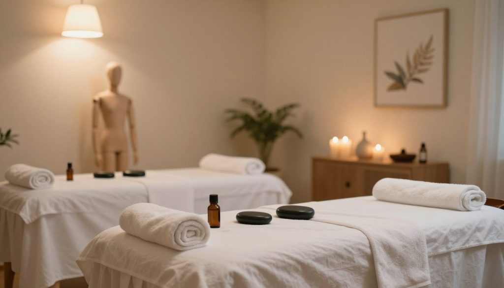 A serene massage room setting, softly illuminated with warm, diffused lighting from overhead lamps. The foreground features a neatly arranged massage table draped in fresh linens, with essential oils and tools like hot stones and towels organized nearby. In the middle ground, subtle signs of common massage errors are visually depicted, such as an improper body posture mannequin or misplaced aromatic candles, highlighting misconceptions in technique. The background shows a calming ambiance created by pale colors, soft textures, and soothing decor elements like plants and calming artwork. The overall mood is tranquil yet informative, inviting the viewer to reflect on the importance of proper massage practices without any human figures or textual elements in the scene.