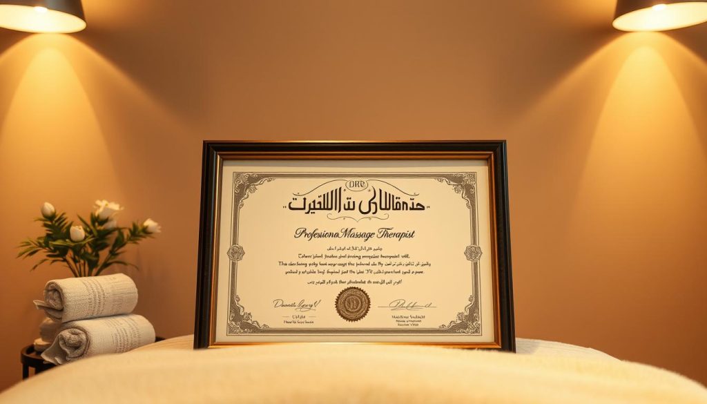 A serene massage studio in Istanbul, with warm lighting and soothing textures. The centerpiece is a professional massage therapist's certificate, framed and displayed prominently. The certificate features intricate calligraphy and a seal, conveying expertise and authenticity. The background is a soft, muted palette, creating a calming atmosphere. The composition emphasizes the importance of hiring a qualified, certified massage therapist for a rejuvenating experience.