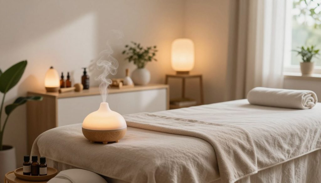 A serene massage therapy room featuring a comfortable massage table adorned with soft, neutral-colored linens. The foreground includes a soothing aromatherapy diffuser, gently emitting a light mist, and a small tray with essential oils. In the middle, a well-organized shelf displays various massage tools and lotions. The background shows soft, ambient lighting that creates a warm, inviting atmosphere, with green plants that add a touch of nature. Large windows allow natural light to filter in, casting gentle shadows. The mood is calm and relaxing, perfect for individuals seeking their first massage experience. The overall color palette is soft and earthy, promoting tranquility. Ensure no humans are present in the image.