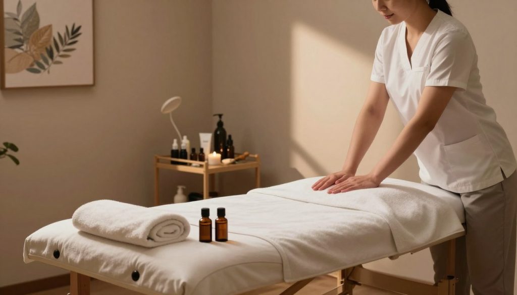 A serene massage therapy room featuring a deep tissue massage setup. In the foreground, a professional massage table is elegantly arranged with a plush towel and aromatherapy oils. The middle ground showcases soft, diffused lighting, creating a calming atmosphere, with gentle shadows cast across the room. The background features soothing wall colors, subtle artwork of nature, and a selection of relaxing music in a corner. A shelf holds well-organized tools and creams used for deep tissue techniques. The overall mood is tranquil and inviting, emphasizing professionalism and relaxation, ideal for illustrating the nuanced differences between massage therapists and masseuses in a comprehensive and informative manner.