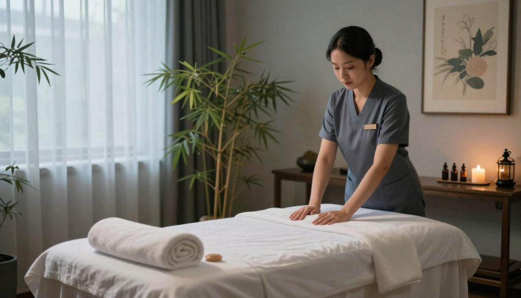 A serene massage therapy setting designed for professionals. In the foreground, a beautifully arranged massage table draped with crisp white linens, surrounded by calming elements like soft towels, aromatic oils, and a lit candle releasing gentle light. In the middle ground, there is a stylish, serene room with bamboo plants and soft, natural light filtering through sheer curtains, creating a warm atmosphere. The background features an elegant wall with soothing artwork, reflecting tranquility. The overall color scheme is a blend of soft blues and earthy tones, evoking relaxation. The image should convey a professional and inviting ambiance ideal for selecting a massage service. The lighting is soft and warm, enhancing the tranquil mood, captured with a slightly elevated perspective to showcase the entire room layout harmoniously.