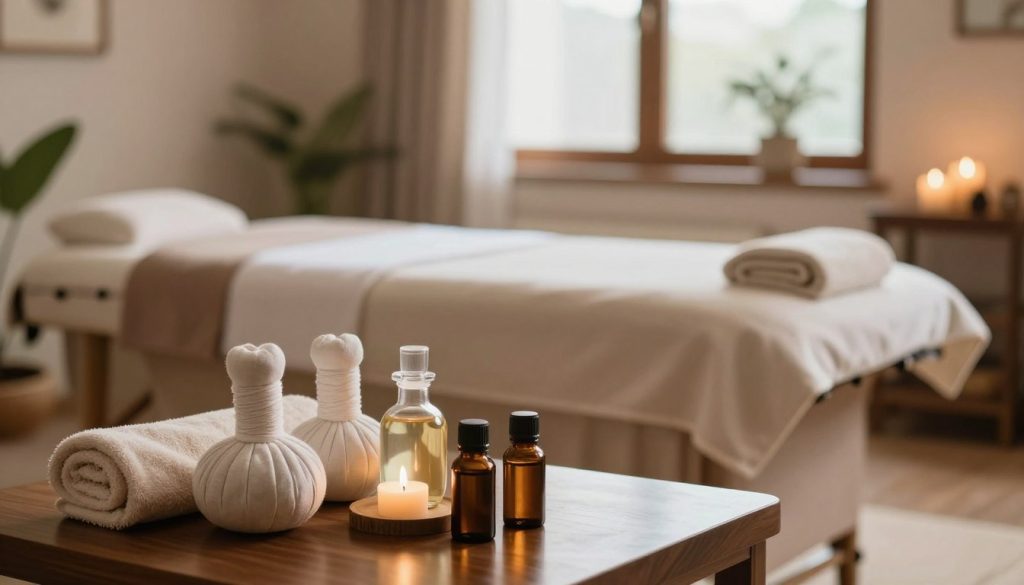 A serene massage therapy setting in Istanbul, featuring a luxurious massage room with calming colors. The foreground includes elegantly arranged massage oils and essential oils on a polished wooden table, surrounded by fresh towels. In the middle, there is a plush massage table adorned with soft linens and surrounded by soothing elements like candles and plants. The background displays a window with soft, natural light streaming in, illuminating the space, creating a tranquil atmosphere. The overall mood is peaceful and inviting, suggesting a professional and relaxing massage experience. The lighting is soft and warm, enhancing the comfort of the room's ambiance.