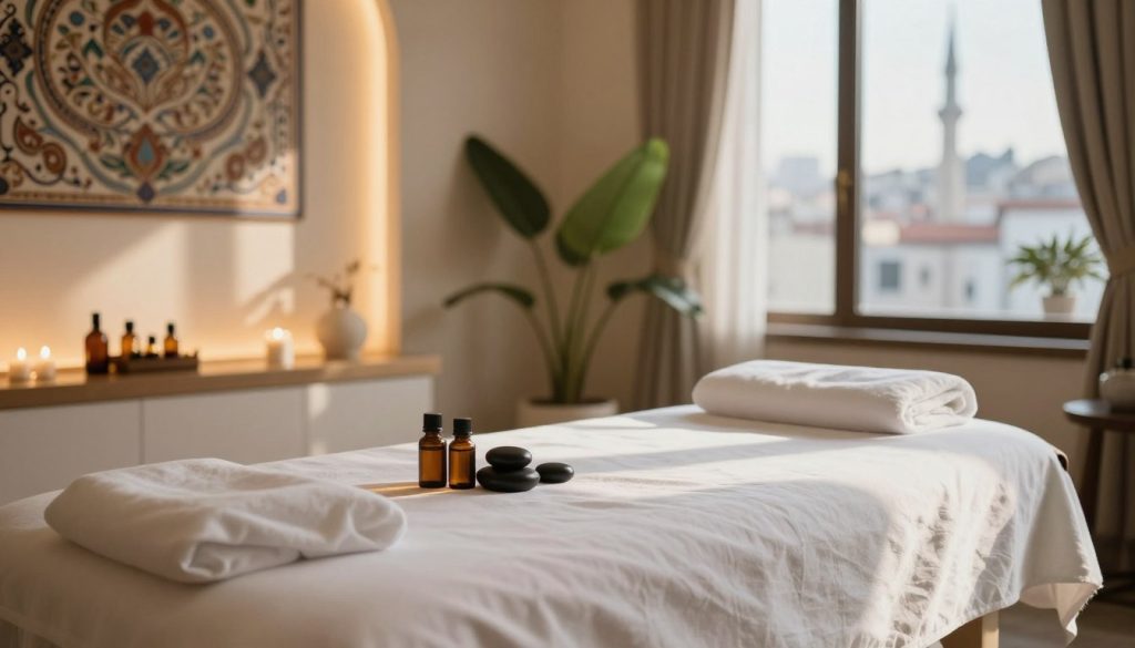 A serene massage therapy setting in a luxurious Istanbul spa. Foreground: a plush massage table with a white sheet, a few essential oils and stones arranged neatly beside it. Middle ground: a softly lit room featuring elegant decor with subtle hints of Turkish artistry, such as ornate patterns on the walls and tranquil plants. Background: large windows allowing natural light to filter in, revealing a glimpse of the bustling city outside, contrasting the calm interior. The atmosphere is peaceful and inviting, with a focus on relaxation and wellness. Warm lighting creates a soothing ambiance, and soft shadows play across the space, highlighting the tranquil environment.