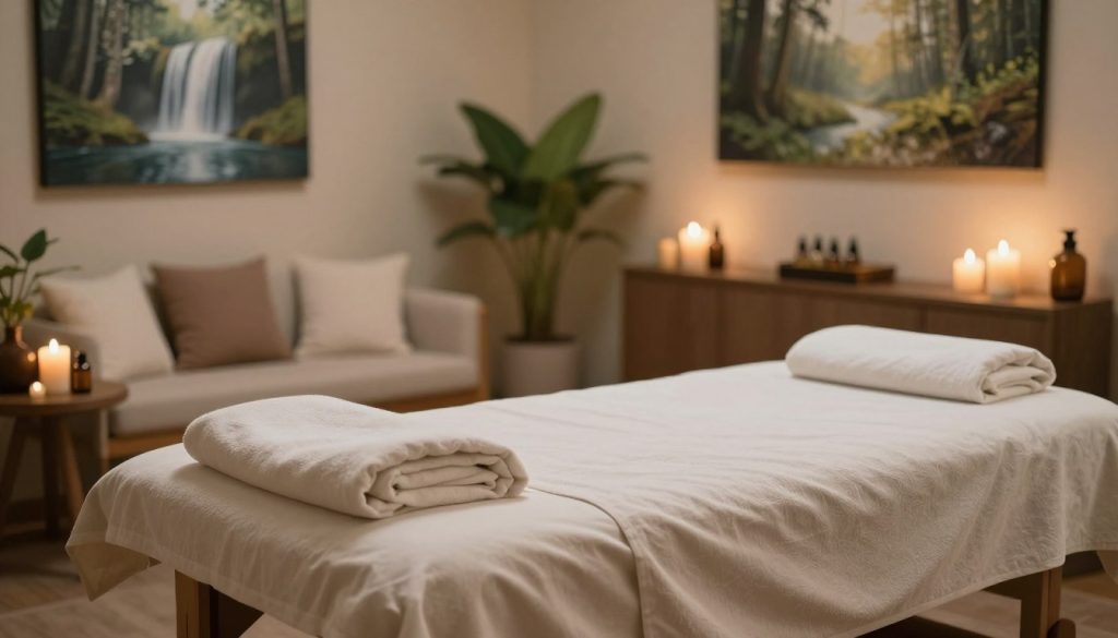 A serene massage therapy setting, showcasing a before-and-after concept. In the foreground, a neatly arranged massage table with soft, neutral-colored linens, essential oils, and soothing candles. The middle ground features a tranquil waiting area, adorned with calming plants and gentle lighting, hinting at relaxation. In the background, soft-focus art depicting serene nature scenes, like a waterfall or peaceful forest, adds to the ambiance. The atmosphere is tranquil and inviting, emphasizing wellness and preparation for a session. Gentle, warm lighting illuminates the scene, creating a soft glow, reminiscent of a calm spa environment, evoking feelings of relaxation and rejuvenation. No human figures are present, ensuring a focus on the environment itself. A serene massage therapy setting, showcasing a before-and-after concept. In the foreground, a neatly arranged massage table with soft, neutral-colored linens, essential oils, and soothing candles. The middle ground features a tranquil waiting area, adorned with calming plants and gentle lighting, hinting at relaxation. In the background, soft-focus art depicting serene nature scenes, like a waterfall or peaceful forest, adds to the ambiance. The atmosphere is tranquil and inviting, emphasizing wellness and preparation for a session. Gentle, warm lighting illuminates the scene, creating a soft glow, reminiscent of a calm spa environment, evoking feelings of relaxation and rejuvenation. No human figures are present, ensuring a focus on the environment itself.