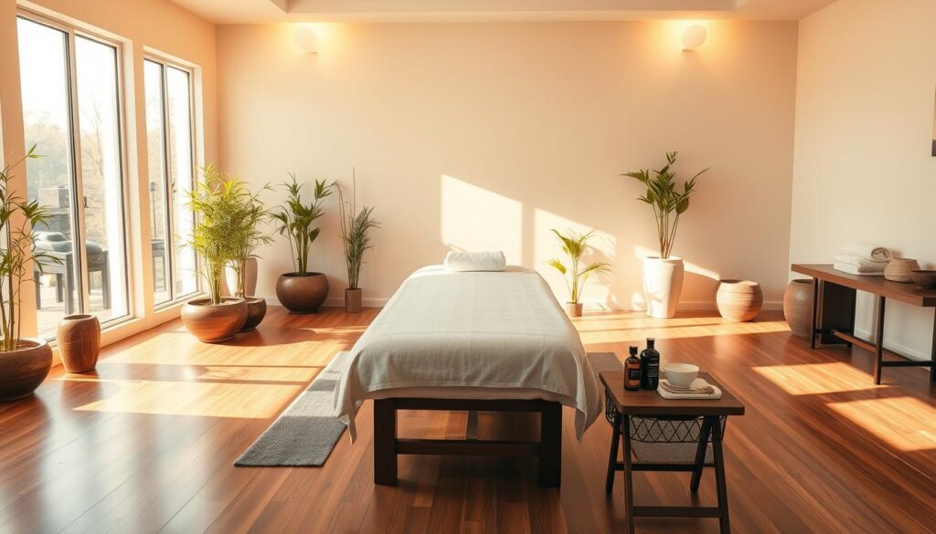 A serene, minimalist massage studio with warm lighting and clean, modern decor. A massage table sits in the middle, surrounded by artfully arranged bamboo plants and soothing water features. Sunlight streams through large windows, casting a gentle glow on the polished hardwood floors. High-quality massage oils and tools are neatly organized on a side table, ready for a skilled masseuse to utilize. The atmosphere exudes a sense of tranquility and relaxation, inviting the viewer to imagine the therapeutic techniques being practiced within.