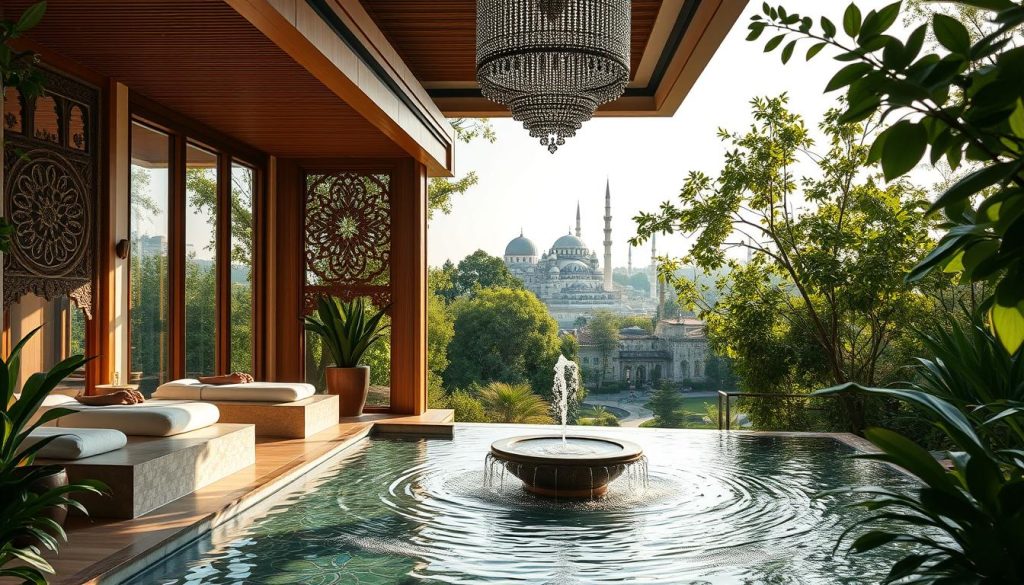 A serene oasis of wellness and beauty emerges in the heart of Istanbul, a tapestry of verdant gardens, soothing fountains, and elegant spa pavilions. Soft natural light filters through large windows, casting a warm glow upon the sleek, modern design elements. Intricate Turkish mosaic tiles and ornate wooden carvings adorn the tranquil treatment rooms, where skilled massage therapists ply their craft. In the distance, the iconic domes and minarets of historic landmarks peek through the lush foliage, creating a harmonious blend of ancient and contemporary. An atmosphere of total relaxation and rejuvenation permeates the scene, inviting visitors to indulge in the city's renowned health and beauty tourism. A serene oasis of wellness and beauty emerges in the heart of Istanbul, a tapestry of verdant gardens, soothing fountains, and elegant spa pavilions. Soft natural light filters through large windows, casting a warm glow upon the sleek, modern design elements. Intricate Turkish mosaic tiles and ornate wooden carvings adorn the tranquil treatment rooms, where skilled massage therapists ply their craft. In the distance, the iconic domes and minarets of historic landmarks peek through the lush foliage, creating a harmonious blend of ancient and contemporary. An atmosphere of total relaxation and rejuvenation permeates the scene, inviting visitors to indulge in the city's renowned health and beauty tourism.