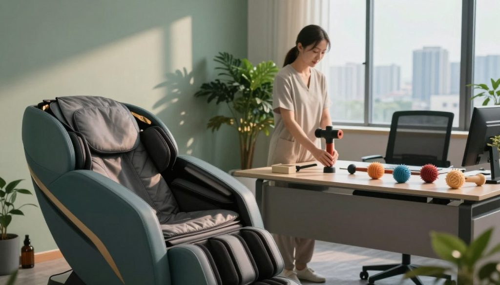 A serene office environment showcasing various massage techniques for stress management. In the foreground, a stylish massage chair with relaxing cushions and essential oils nearby. In the middle, an array of massage tools like handheld massagers and massage balls displayed on a sleek desk. The background features a tranquil corner with indoor plants, soft ambient lighting that creates a calming atmosphere, and a view of a city skyline through a large window. A soft color palette of greens, blues, and neutrals enhances the serene mood, while warm lighting casts gentle shadows, promoting a sense of relaxation and wellness. The overall composition encourages viewers to envision a peaceful and rejuvenating break from office stress. A serene office environment showcasing various massage techniques for stress management. In the foreground, a stylish massage chair with relaxing cushions and essential oils nearby. In the middle, an array of massage tools like handheld massagers and massage balls displayed on a sleek desk. The background features a tranquil corner with indoor plants, soft ambient lighting that creates a calming atmosphere, and a view of a city skyline through a large window. A soft color palette of greens, blues, and neutrals enhances the serene mood, while warm lighting casts gentle shadows, promoting a sense of relaxation and wellness. The overall composition encourages viewers to envision a peaceful and rejuvenating break from office stress.