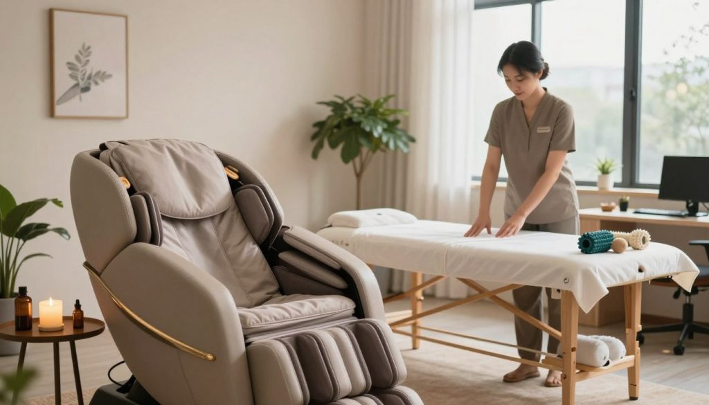 A serene office environment showcasing various massage therapy options and techniques suitable for office workers. In the foreground, an elegant massage chair with soft cushions, alongside essential oils and relaxing music setup. The middle ground features a soft, calming ambiance with plants and soothing art on the walls. A small table displays massage tools such as rollers and massage balls. In the background, softly diffused natural light streams through large windows, enhancing the peaceful atmosphere. The overall mood conveys relaxation and rejuvenation, inviting office workers to explore these therapy options. The image should emphasize a professional, tranquil setting suited for wellness and stress relief, with a focus on the aesthetics of massage therapy. A serene office environment showcasing various massage therapy options and techniques suitable for office workers. In the foreground, an elegant massage chair with soft cushions, alongside essential oils and relaxing music setup. The middle ground features a soft, calming ambiance with plants and soothing art on the walls. A small table displays massage tools such as rollers and massage balls. In the background, softly diffused natural light streams through large windows, enhancing the peaceful atmosphere. The overall mood conveys relaxation and rejuvenation, inviting office workers to explore these therapy options. The image should emphasize a professional, tranquil setting suited for wellness and stress relief, with a focus on the aesthetics of massage therapy.
