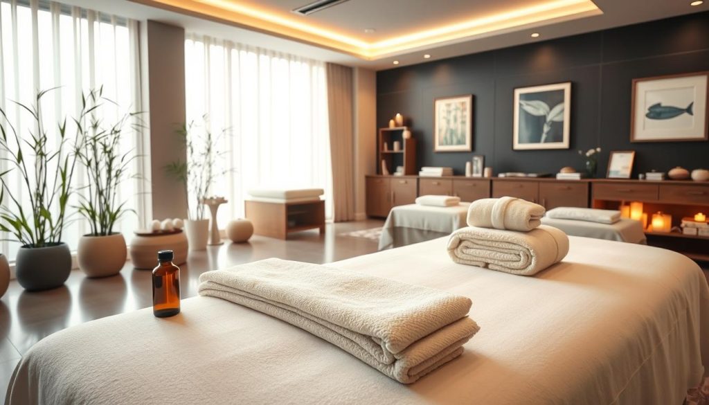 A serene spa environment showcasing a luxurious massage therapy training setting. In the foreground, a comfortable massage table adorned with soft towels and aromatherapy oils, creating a welcoming atmosphere. The middle ground features a well-organized training space with professional massage equipment, instructional materials, and soothing decor like bamboo plants and calming artwork. In the background, large windows let in natural light, illuminating the space with a warm glow. Soft ambient lighting adds to the relaxing ambiance. The overall mood is tranquil and inviting, reflecting professionalism in staff training and spa management. Emphasize a clean and polished look, ensuring the scene exudes a sense of expertise and warmth, suitable for a massage therapy and spa management context. A serene spa environment showcasing a luxurious massage therapy training setting. In the foreground, a comfortable massage table adorned with soft towels and aromatherapy oils, creating a welcoming atmosphere. The middle ground features a well-organized training space with professional massage equipment, instructional materials, and soothing decor like bamboo plants and calming artwork. In the background, large windows let in natural light, illuminating the space with a warm glow. Soft ambient lighting adds to the relaxing ambiance. The overall mood is tranquil and inviting, reflecting professionalism in staff training and spa management. Emphasize a clean and polished look, ensuring the scene exudes a sense of expertise and warmth, suitable for a massage therapy and spa management context.