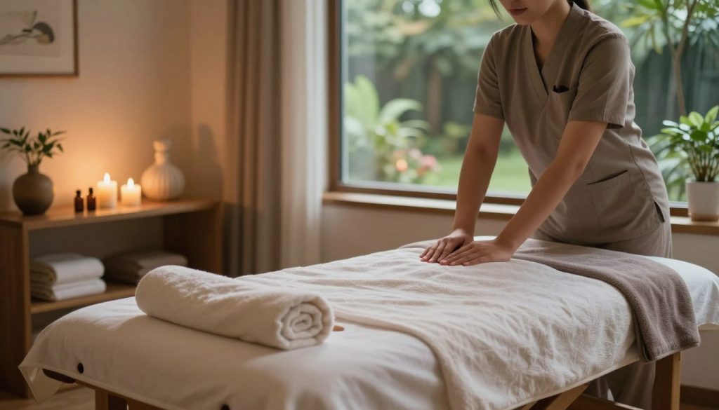 A serene spa environment showcasing a massage therapy room before and after a treatment. In the foreground, a neatly arranged massage table with fresh towels, essential oils, and calming candles, exuding tranquility. The middle ground features a gently lit space with warm, inviting colors, and soothing decor, such as plants and soft fabrics. In the background, a large window shares a view of a peaceful garden, allowing natural light to filter in, enhancing the calm atmosphere. The scene should convey a sense of relaxation and mindfulness, emphasizing the importance of preparation and aftercare in massage therapy. Soft shadows and warm lighting create a soothing ambiance, inviting viewers to understand the significance of post-treatment care.