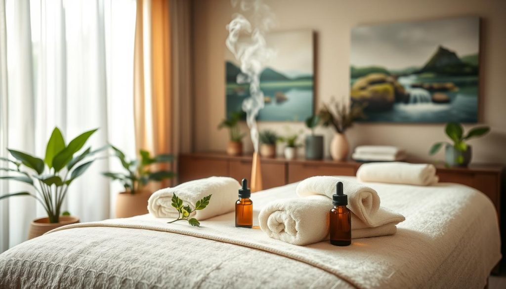 A serene spa environment showcasing a tranquil massage room, softly illuminated by natural light filtering through sheer curtains. In the foreground, an elegant massage table adorned with luxurious, plush towels and aromatic essential oils, conveying comfort and relaxation. In the middle, a gentle steam rises from a diffuser, creating a calming atmosphere, while a selection of health-focused plants adds a touch of nature. The background features soothing artwork depicting peaceful landscapes and flowing water, enhancing the sense of serenity. The mood is relaxing and rejuvenating, perfectly capturing the essence of massage therapy and its benefit of enhancing blood circulation. The colors are warm and inviting, with soft greens and earth tones dominating the scene. A serene spa environment showcasing a tranquil massage room, softly illuminated by natural light filtering through sheer curtains. In the foreground, an elegant massage table adorned with luxurious, plush towels and aromatic essential oils, conveying comfort and relaxation. In the middle, a gentle steam rises from a diffuser, creating a calming atmosphere, while a selection of health-focused plants adds a touch of nature. The background features soothing artwork depicting peaceful landscapes and flowing water, enhancing the sense of serenity. The mood is relaxing and rejuvenating, perfectly capturing the essence of massage therapy and its benefit of enhancing blood circulation. The colors are warm and inviting, with soft greens and earth tones dominating the scene.