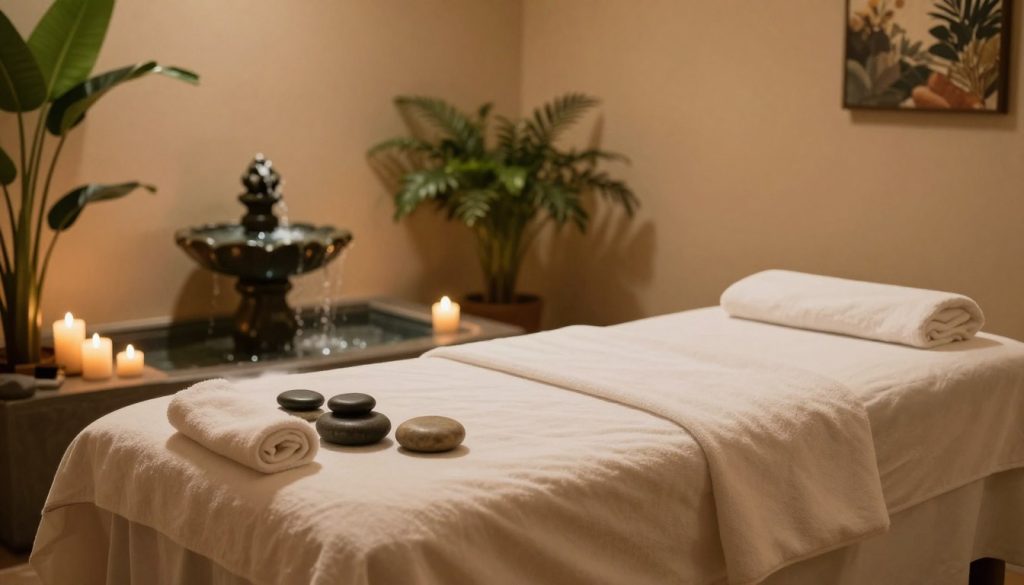 A serene spa environment showcasing the benefits of relaxation massage. In the foreground, a neatly arranged massage table draped with soft, soothing linens, surrounded by peaceful elements like smooth stones and aromatic candles emitting gentle flickers of light. The middle ground features a calming water fountain that adds a subtle sound of trickling water, complemented by lush green plants that create a sense of tranquility. The background displays softly lit, warm-toned walls adorned with nature-inspired artwork, offering a cozy atmosphere. The overall lighting is soft and diffused, enhancing the peaceful mood, suggesting a sanctuary for relaxation and rejuvenation. The scene invites viewers to experience the calming effects of a relaxation massage without any human presence. A serene spa environment showcasing the benefits of relaxation massage. In the foreground, a neatly arranged massage table draped with soft, soothing linens, surrounded by peaceful elements like smooth stones and aromatic candles emitting gentle flickers of light. The middle ground features a calming water fountain that adds a subtle sound of trickling water, complemented by lush green plants that create a sense of tranquility. The background displays softly lit, warm-toned walls adorned with nature-inspired artwork, offering a cozy atmosphere. The overall lighting is soft and diffused, enhancing the peaceful mood, suggesting a sanctuary for relaxation and rejuvenation. The scene invites viewers to experience the calming effects of a relaxation massage without any human presence.