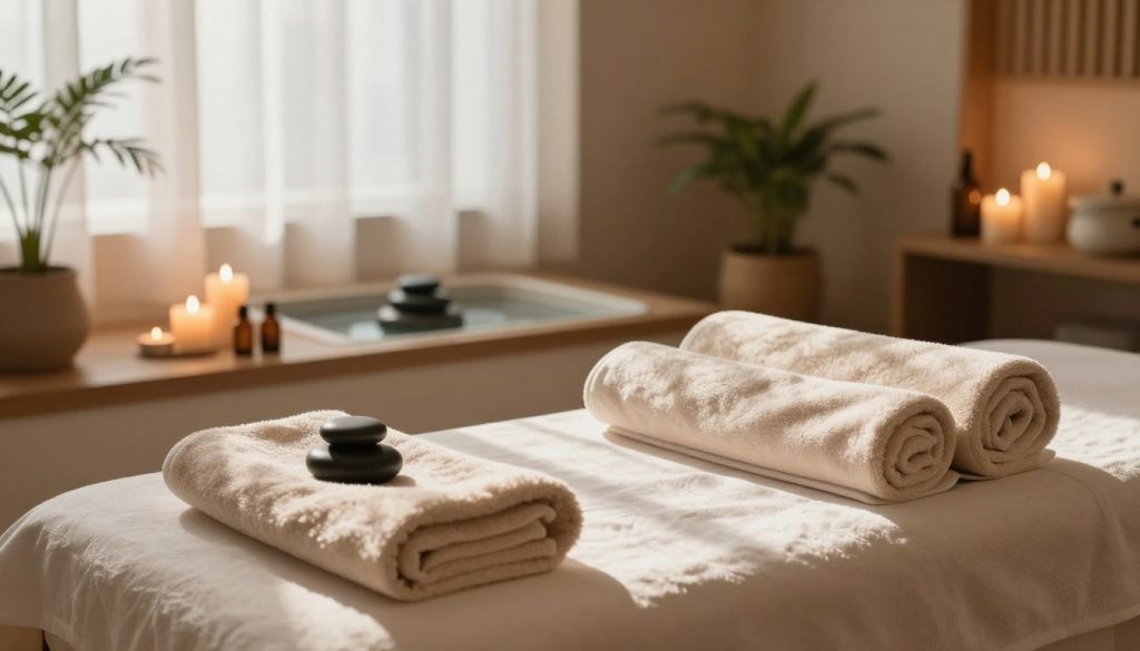 A serene spa environment with soft lighting and cozy decor, emphasizing relaxation and rejuvenation. In the foreground, a neatly arranged treatment table with plush towels and calming aromatherapy oils. In the middle, calming elements such as stones, candles, and a gentle water feature providing a soothing atmosphere. The background features a softly lit room with natural wood accents and indoor plants that enhance a tranquil feel. The overall mood is peaceful and restorative, evoking a sense of extended relaxation following a massage session. Dappled sunlight subtly filters through sheer curtains, creating a warm and inviting ambiance. Capture this serene setting at a slightly elevated angle to provide depth and perspective, focusing on the elements that support post-massage care.