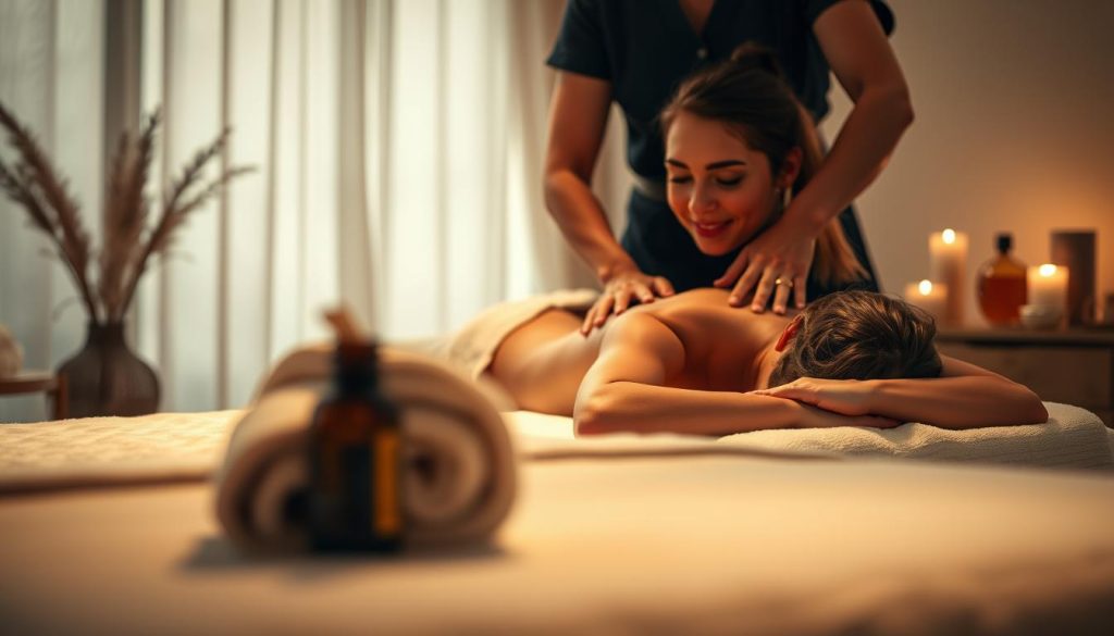 A serene, spa-like scene showcasing the physiological benefits of massage. In the foreground, a tranquil massage table with plush towels and soothing essential oils. The middle ground features a masseuse's hands skillfully kneading tension from a relaxed client's back, their expression one of pure bliss. The background evokes a calming, dimly lit room with soft, warm lighting, gentle natural textures, and a sense of restorative calm. The overall atmosphere conveys the holistic, therapeutic nature of massage and its ability to alleviate physical and mental stress.