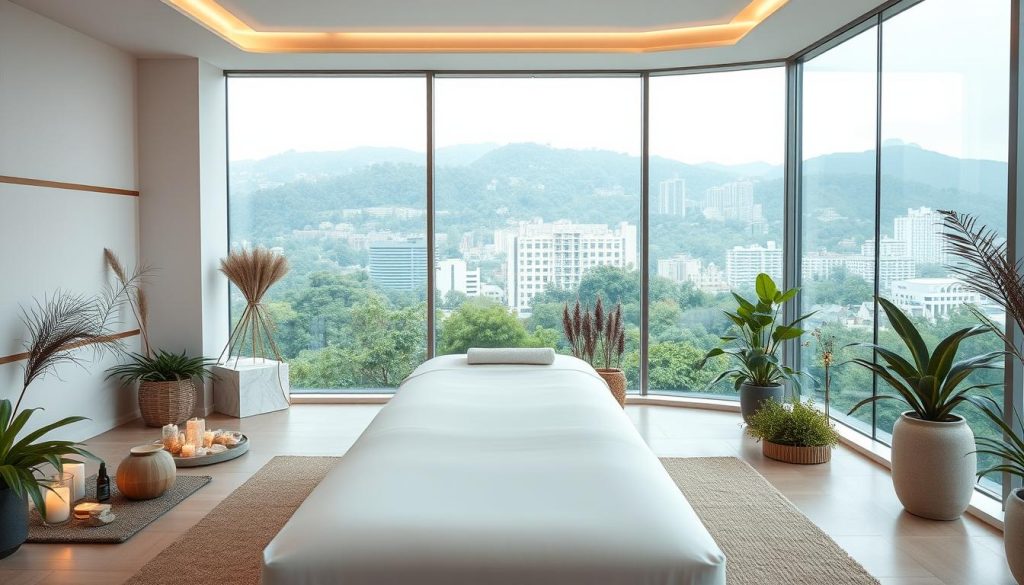 A serene spa-like setting, with soft lighting and a calming palette of earthy tones. A sleek, minimalist massage table sits in the center, surrounded by holistic wellness objects like crystals, essential oil diffusers, and lush greenery. The background features clean, modern architecture with large windows overlooking a verdant city skyline, blending the lines between interior and exterior. An atmosphere of tranquility and rejuvenation pervades the scene, inviting the viewer to embark on a sensory journey of relaxation and well-being. A serene spa-like setting, with soft lighting and a calming palette of earthy tones. A sleek, minimalist massage table sits in the center, surrounded by holistic wellness objects like crystals, essential oil diffusers, and lush greenery. The background features clean, modern architecture with large windows overlooking a verdant city skyline, blending the lines between interior and exterior. An atmosphere of tranquility and rejuvenation pervades the scene, inviting the viewer to embark on a sensory journey of relaxation and well-being.