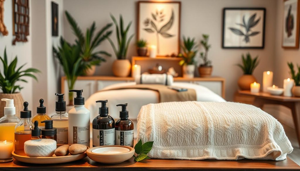 A serene spa-like setting with various massage modalities on display. In the foreground, an array of massage oils, lotions, and tools arranged artfully. In the middle ground, a cozy massage table draped with a soft, plush towel, bathed in warm, gentle lighting. In the background, calming decor such as potted plants, candles, and soothing wall art create a tranquil, inviting atmosphere. The composition conveys a sense of relaxation and wellness, reflecting the diverse massage options available in Kadıköy.