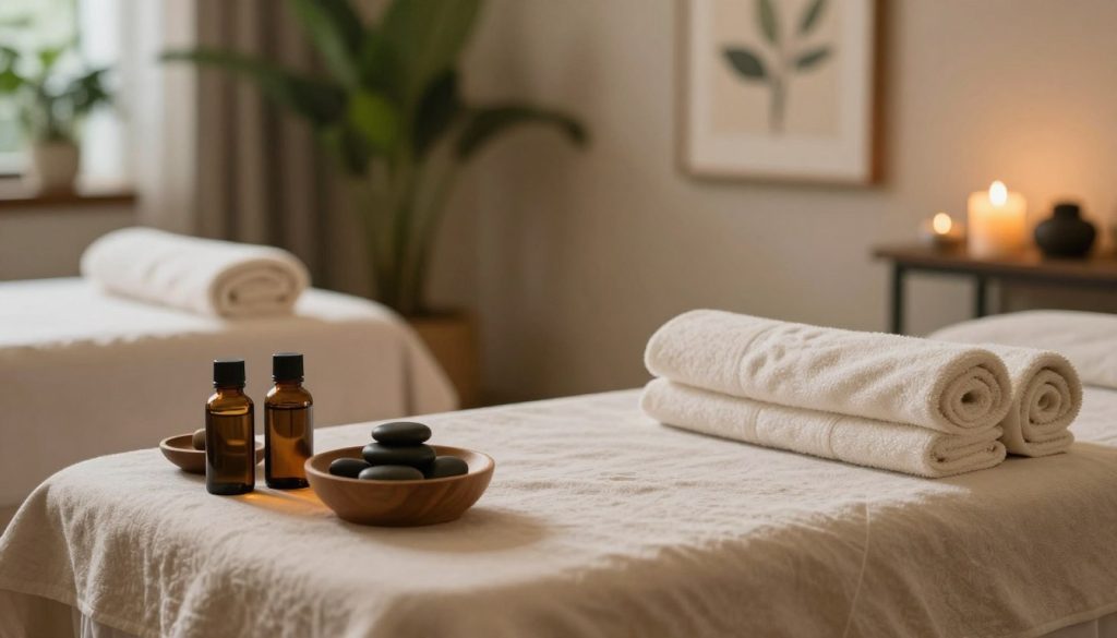 A serene spa preparation scene showcasing essential items for a massage session. In the foreground, a beautifully arranged spa table with soft, inviting linens, a bowl of aromatic essential oils, and fresh towels neatly folded. In the middle ground, a tranquil space featuring a gently lit candle and soothing stones placed gracefully on a small wooden rack. The background reveals a softly lit room adorned with lush green plants and calming art, enhancing the sense of relaxation. The lighting is warm and ambient, creating a peaceful atmosphere. The overall mood reflects tranquility and readiness, perfect for someone preparing for a massage. No people are present, maintaining a serene, private setting.