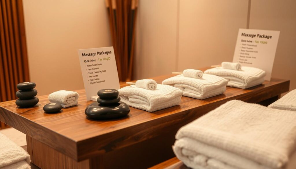 A serene spa setting with an array of massage packages arranged on a wooden table. Soft lighting casts a warm glow, accentuating the textures of natural materials like stone, bamboo, and plush towels. Minimalist signage displays the pricing and service details in a clean, modern typeface. The scene conveys a sense of tranquility and attentive care, inviting the viewer to imagine the restorative experience of the featured massage treatments.