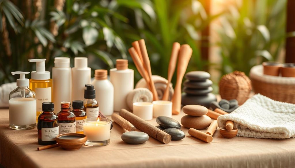 A serene spa setting with various massage tools and techniques laid out on a wooden table. Soft lighting casts a warm glow, creating a calming atmosphere. In the foreground, a collection of massage oils, lotions, and aromatherapy candles sit neatly arranged. In the middle ground, a variety of massage implements such as smooth river stones, wooden massage sticks, and plush massage mitts are displayed. The background features lush greenery and soothing natural textures, evoking a tranquil, spa-like ambiance. The overall composition suggests a comprehensive display of diverse massage modalities and their associated implements. A serene spa setting with various massage tools and techniques laid out on a wooden table. Soft lighting casts a warm glow, creating a calming atmosphere. In the foreground, a collection of massage oils, lotions, and aromatherapy candles sit neatly arranged. In the middle ground, a variety of massage implements such as smooth river stones, wooden massage sticks, and plush massage mitts are displayed. The background features lush greenery and soothing natural textures, evoking a tranquil, spa-like ambiance. The overall composition suggests a comprehensive display of diverse massage modalities and their associated implements.
