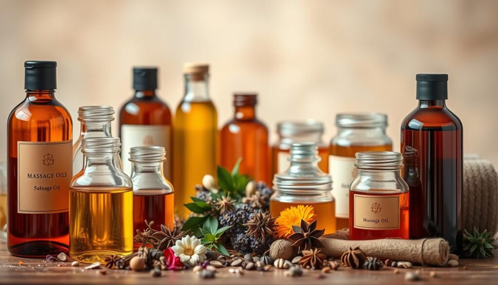 A serene still life composition showcasing an array of aromatic massage oils in various bottles and jars. The foreground features glass containers filled with richly colored liquids, their labels prominently displayed. In the middle ground, a selection of fragrant dried herbs, flowers, and spices are artfully arranged, hinting at the natural ingredients within the oils. The background softly blurs, creating a sense of depth and focus on the central elements. Warm, diffused lighting gently illuminates the scene, evoking a calming, spa-like atmosphere. The overall composition emphasizes the purity, quality, and therapeutic properties of the massage oils, inviting the viewer to experience their restorative benefits.